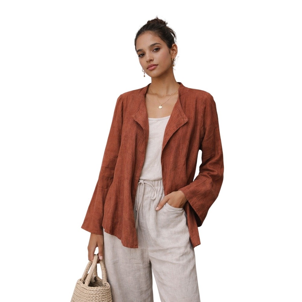 BRYN WALKER 100% linen open wear cardigan bell sleeve lagenlook rust